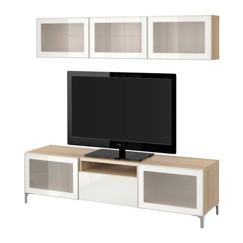 БЕСТО Шкаф для ТВ, комбин/стеклян дверцы - под беленый дуб/Сельсвикен глянцевый/белый матовое стекло, направляющие ящика, плавно закр