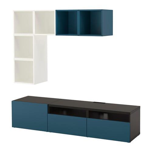 БЕСТО / ЭКЕТ Комбинация для ТВ - белый/черно-коричневый/темно-синий, направляющие ящика,нажимные