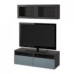 БЕСТО Шкаф для ТВ, комбин/стеклян дверцы - черно-коричневый/Вальвикен серо-бирюзовый, прозрачное стекло, направляющие ящика,нажимные