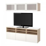 БЕСТО Шкаф для ТВ, комбин/стеклян дверцы - направляющие ящика,нажимные, под беленый дуб/Сельсвикен глянцевый/белый матовое стекло