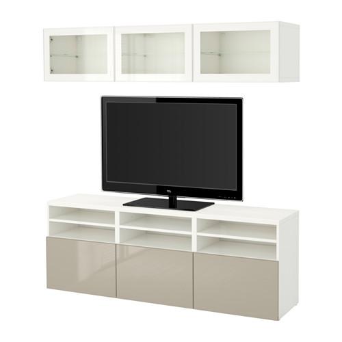 БЕСТО Шкаф для ТВ, комбин/стеклян дверцы - белый/Сельсвикен глянцевый/бежевый прозрачное стекло, направляющие ящика, плавно закр БЕСТО Шкаф для ТВ, комбин/стеклян дверцы - белый/Сельсвикен глянцевый/бежевый прозрачное стекло, направляющие ящика, плавно закр
