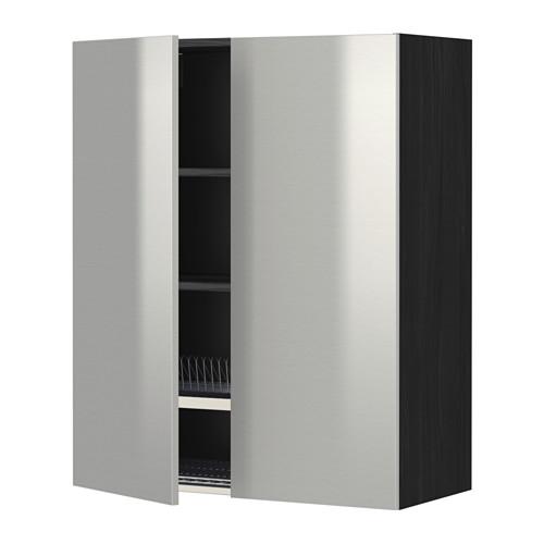 МЕТОД Навесной шкаф с посуд суш/2 дврц - под дерево черный, Гревста нержавеющ сталь, 80x100 см МЕТОД Навесной шкаф с посуд суш/2 дврц - под дерево черный, Гревста нержавеющ сталь, 80x100 см