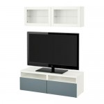 БЕСТО Шкаф для ТВ, комбин/стеклян дверцы - белый/Вальвикен серо-бирюзовый, прозрачное стекло, направляющие ящика,нажимные