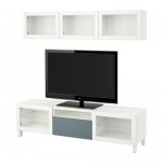 БЕСТО Шкаф для ТВ, комбин/стеклян дверцы - белый/Вальвикен серо-бирюзовый, прозрачное стекло, направляющие ящика,нажимные