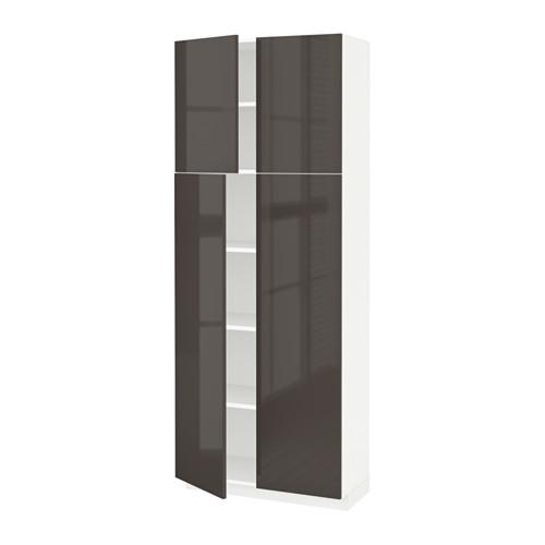 МЕТОД Высокий шкаф с полками/4 дверцы - белый, Рингульт глянцевый серый, 80x37x200 см