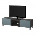 БЕСТО Тумба под ТВ с ящиками и дверцей - черно-коричневый/Вальвикен серо-бирюзовый, прозрачное стекло, направляющие ящика, плавно закр