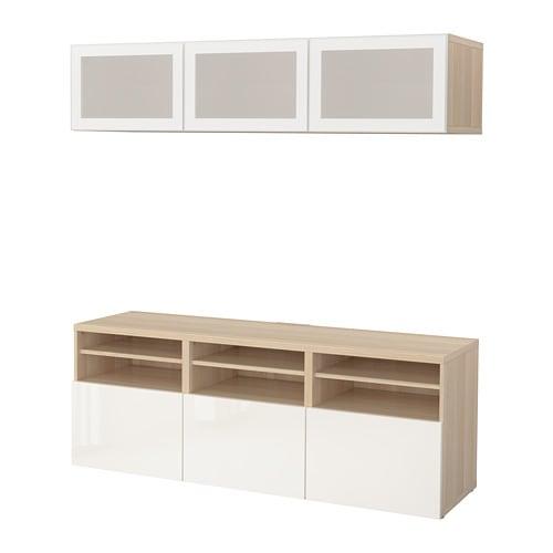 БЕСТО Шкаф для ТВ, комбин/стеклян дверцы - под беленый дуб/Сельсвикен глянцевый/белый матовое стекло, направляющие ящика, плавно закр БЕСТО Шкаф для ТВ, комбин/стеклян дверцы - под беленый дуб/Сельсвикен глянцевый/белый матовое стекло, направляющие ящика, плавно закр