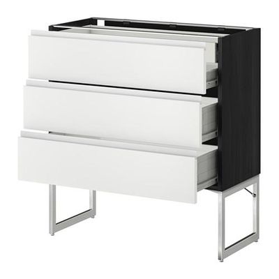 МЕТОД / ФОРВАРА Напольн шкаф 3фронт пнл/2низ/2ср ящ - 80x37x60 см, Нодста белый/алюминий, под дерево черный