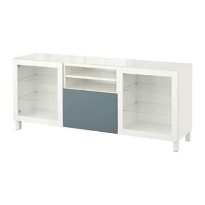 БЕСТО Тумба под ТВ - белый/Вальвикен серо-бирюзовый, прозрачное стекло, направляющие ящика, плавно закр