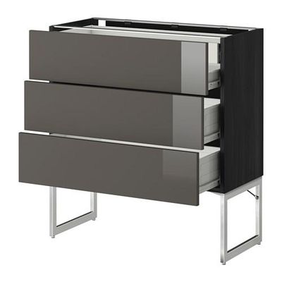 МЕТОД / ФОРВАРА Напольн шкаф 3фронт пнл/2низ/2ср ящ - 80x37x60 см, Рингульт глянцевый серый, под дерево черный