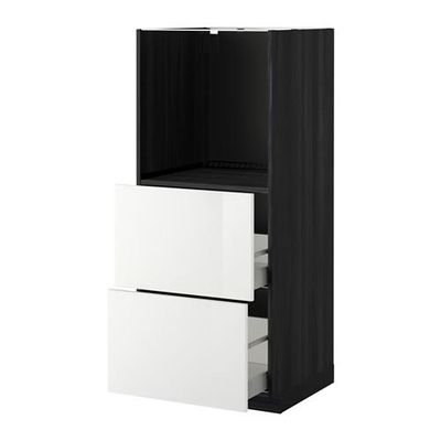 МЕТОД / МАКСИМЕРА Высокий шкаф с 2 ящиками д/духовки - Рингульт глянцевый белый, под дерево черный