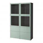 БЕСТО Комбинация д/хранения+стекл дверц - черно-коричневый Сельсвикен/глянцевый/серо-зеленый светлый прозрачное стекло, направляющие ящика, плавно закр