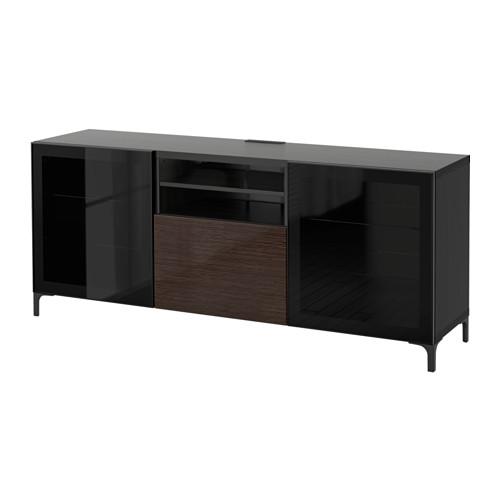 БЕСТО Тумба д/ТВ с ящиками - черно-коричневый/Сельсвикен глянцевый/коричневый прозрач стекло, направляющие ящика,нажимные