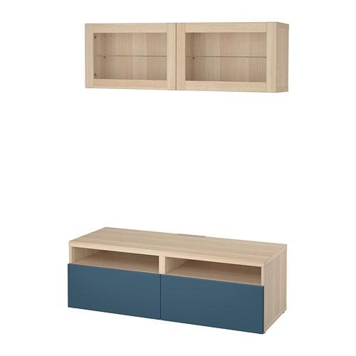 БЕСТО Шкаф для ТВ, комбин/стеклян дверцы - под беленый дуб Вальвикен/темно-синий прозрачное стекло, направляющие ящика, плавно закр БЕСТО Шкаф для ТВ, комбин/стеклян дверцы - под беленый дуб Вальвикен/темно-синий прозрачное стекло, направляющие ящика, плавно закр