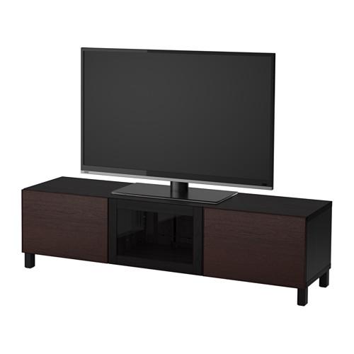 БЕСТО Тумба под ТВ с ящиками и дверцей - черно-коричневый/Инвикен черно-коричневый прозрачное стекло, направляющие ящика, плавно закр
