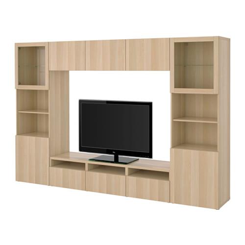 БЕСТО Шкаф для ТВ, комбин/стеклян дверцы - Лаппвикен/Синдвик под беленый дуб, прозрачное стелко, направляющие ящика,нажимные