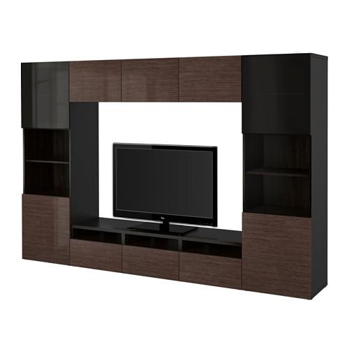 БЕСТО Шкаф для ТВ, комбин/стеклян дверцы - черно-коричневый/Сельсвикен глянцевый/коричневый дымчат стекло, направляющие ящика,нажимные