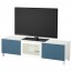 БЕСТО Тумба под ТВ, с дверцами - белый Вальвикен/темно-синий прозрачное стекло, направляющие ящика, плавно закр