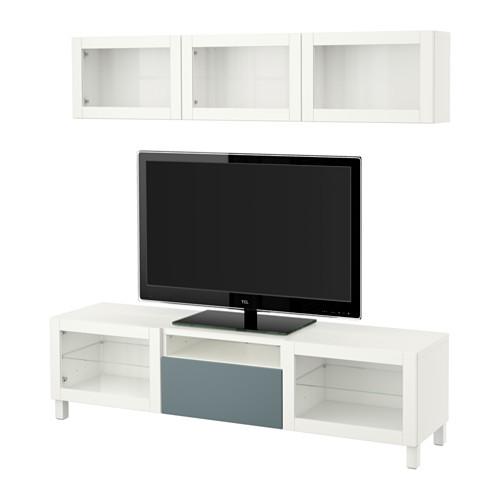 БЕСТО Шкаф для ТВ, комбин/стеклян дверцы - белый/Вальвикен серо-бирюзовый, прозрачное стекло, направляющие ящика,нажимные