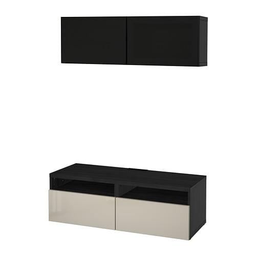 БЕСТО Шкаф для ТВ, комбин/стеклян дверцы - черно-коричневый/Сельсвикен глянцевый/бежевый/дымчатое стекло, направляющие ящика, плавно закр БЕСТО Шкаф для ТВ, комбин/стеклян дверцы - черно-коричневый/Сельсвикен глянцевый/бежевый/дымчатое стекло, направляющие ящика, плавно закр