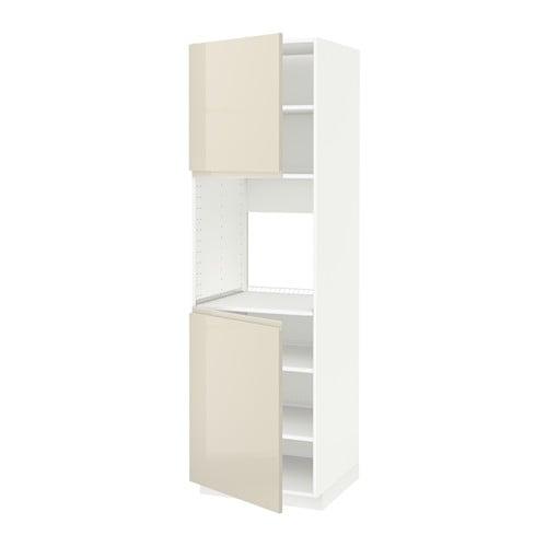 МЕТОД Высок шкаф д/духовки/2дверцы/полки - белый, Воксторп глянцевый светло-бежевый, 60x60x200 см