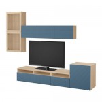 БЕСТО Шкаф для ТВ, комбин/стеклян дверцы - под беленый дуб Халлставик/темно-синий прозрачное стекло, направляющие ящика,нажимные