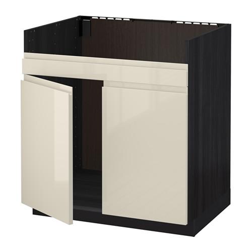 МЕТОД Напольн шкаф д двойн мойки ДУМШЁ - под дерево черный, Воксторп глянцевый светло-бежевый