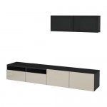 БЕСТО Шкаф для ТВ, комбин/стеклян дверцы - черно-коричневый/Сельсвикен глянцевый/бежевый/дымчатое стекло, направляющие ящика, плавно закр