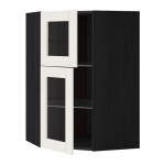 МЕТОД Углов навесной шкаф+полки/2 сткл дв - под дерево черный, Сэведаль белый МЕТОД Углов навесной шкаф+полки/2 сткл дв - под дерево черный, Сэведаль белый