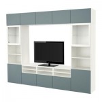 БЕСТО Шкаф для ТВ, комбин/стеклян дверцы - белый/Вальвикен серо-бирюзовый, прозрачное стекло, направляющие ящика, плавно закр