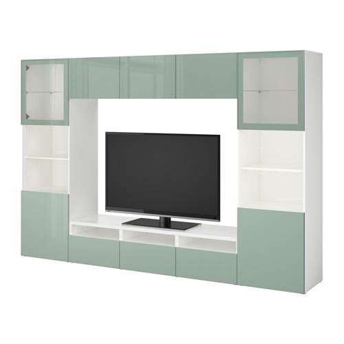 БЕСТО Шкаф для ТВ, комбин/стеклян дверцы - белый Сельсвикен/глянцевый/серо-зеленый светлый прозрачное стекло, направляющие ящика,нажимные