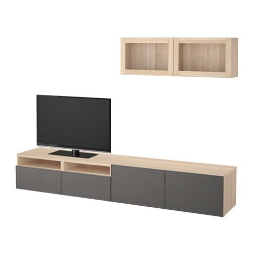 БЕСТО Шкаф для ТВ, комбин/стеклян дверцы - под беленый дуб Грундсвикен/темно-серый прозрачное стекло, направляющие ящика,нажимные БЕСТО Шкаф для ТВ, комбин/стеклян дверцы - под беленый дуб Грундсвикен/темно-серый прозрачное стекло, направляющие ящика,нажимные