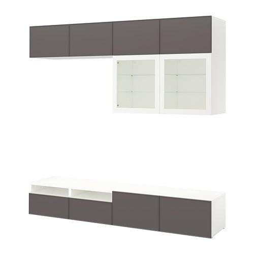 БЕСТО Шкаф для ТВ, комбин/стеклян дверцы - белый Грундсвикен/темно-серый прозрачное стекло, направляющие ящика, плавно закр