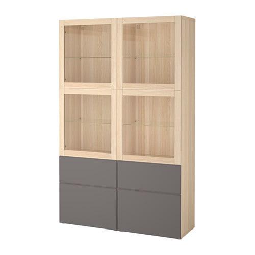 БЕСТО Комбинация д/хранения+стекл дверц - под беленый дуб Грундсвикен/темно-серый прозрачное стекло, направляющие ящика, плавно закр