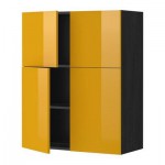 МЕТОД Навесной шкаф с полками/4дверцы - Ерста глянцевый желтый, под дерево черный