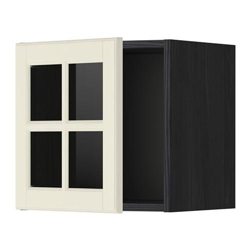 МЕТОД Навесной шкаф со стеклянной дверью - под дерево черный, Будбин белый с оттенком