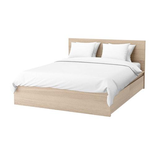 МАЛЬМ Каркас кровати+2 кроватных ящика - 160x200 см, Лонсет, дубовый шпон, беленый