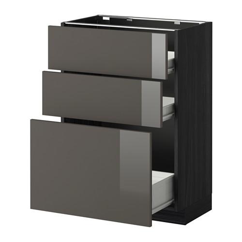 МЕТОД / ФОРВАРА Напольн шкаф 3фрнт пнл/2низк/1ср ящ - под дерево черный, Рингульт глянцевый серый, 60x37 см
