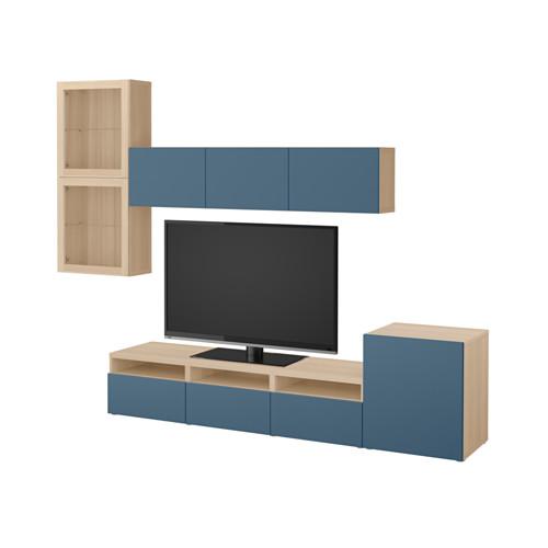 БЕСТО Шкаф для ТВ, комбин/стеклян дверцы - под беленый дуб Вальвикен/темно-синий прозрачное стекло, направляющие ящика, плавно закр