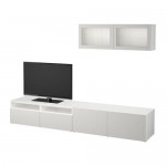 БЕСТО Шкаф для ТВ, комбин/стеклян дверцы - белый/Лаппвикен светло-серый прозрачное стекло, направляющие ящика,нажимные