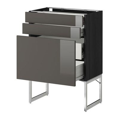 МЕТОД / ФОРВАРА Напольн шкаф 3фронт пнл/2низ/2ср ящ - 60x37x60 см, Рингульт глянцевый серый, под дерево черный
