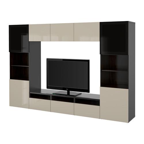 БЕСТО Шкаф для ТВ, комбин/стеклян дверцы - черно-коричневый/Сельсвикен глянцевый/бежевый/дымчатое стекло, направляющие ящика, плавно закр