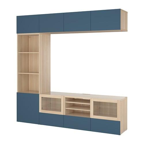 БЕСТО Шкаф для ТВ, комбин/стеклян дверцы - под беленый дуб Вальвикен/темно-синий прозрачное стекло, направляющие ящика, плавно закр БЕСТО Шкаф для ТВ, комбин/стеклян дверцы - под беленый дуб Вальвикен/темно-синий прозрачное стекло, направляющие ящика, плавно закр