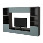 БЕСТО Шкаф для ТВ, комбин/стеклян дверцы - черно-коричневый/Вальвикен серо-бирюзовый, прозрачное стекло, направляющие ящика, плавно закр