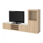 БЕСТО Шкаф для ТВ, комбин/стеклян дверцы - направляющие ящика,нажимные, Лаппвикен/Синдвик под беленый дуб, прозрачное стелко