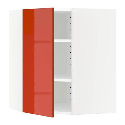 МЕТОД Угловой навесной шкаф с полками - белый, Ерста глянцевый оранжевый, 68x80 см