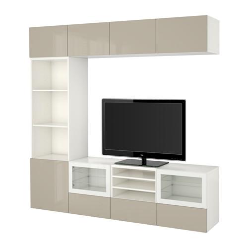 БЕСТО Шкаф для ТВ, комбин/стеклян дверцы - белый/Сельсвикен глянцевый/бежевый прозрачное стекло, направляющие ящика, плавно закр БЕСТО Шкаф для ТВ, комбин/стеклян дверцы - белый/Сельсвикен глянцевый/бежевый прозрачное стекло, направляющие ящика, плавно закр