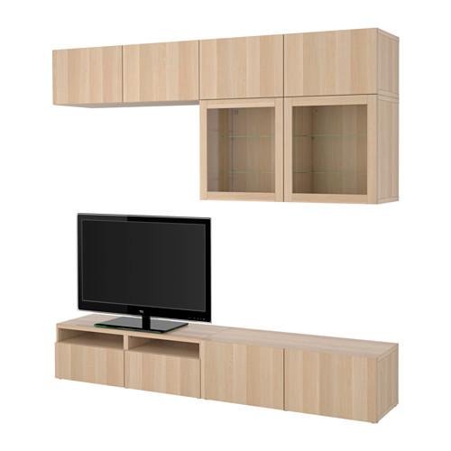 БЕСТО Шкаф для ТВ, комбин/стеклян дверцы - Лаппвикен/Синдвик под беленый дуб, прозрачное стелко, направляющие ящика,нажимные