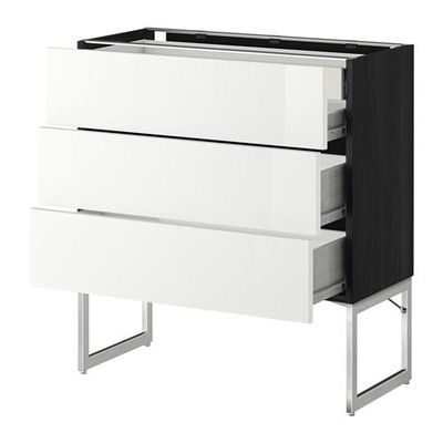 МЕТОД / ФОРВАРА Напольн шкаф 3фронт пнл/2низ/2ср ящ - 80x37x60 см, Рингульт глянцевый белый, под дерево черный
