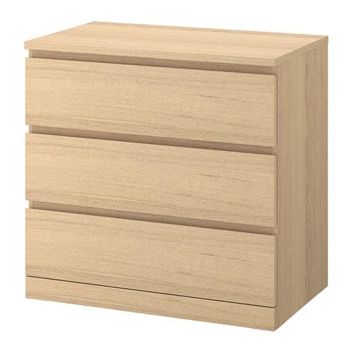 МАЛЬМ Комод с 3 ящиками - дубовый шпон, беленый